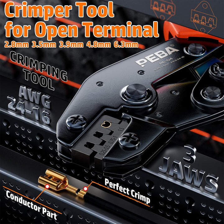 PEBA Crimpzange inkl. 11 Arten Flachsteckhülsen Set, Crimper für 0,25-2,50 mm² Spade Steckverbinder