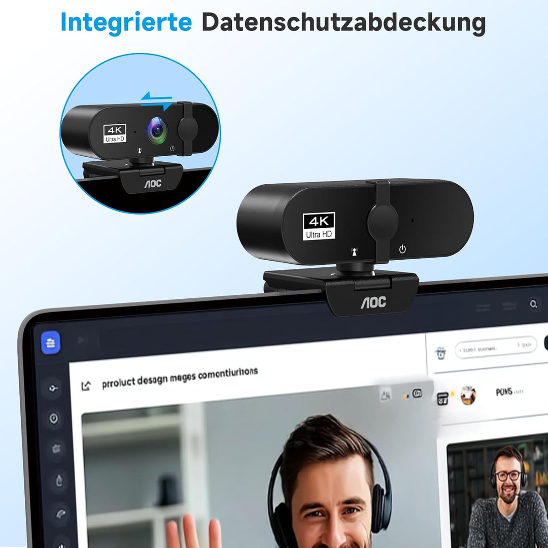AOC Webcam 4K Ultra HD, Webcam mit Mikrofon & Objektivabdeckung, PC Kamera Plug & Play, 99° Ansicht,