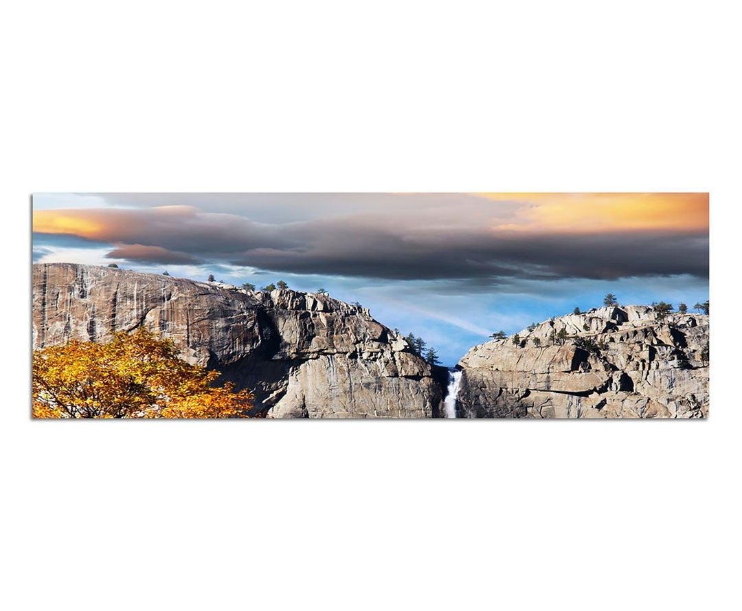Paul Sinus Art Panoramabild auf Leinwand und Keilrahmen 150x50cm Yosemite Landschaft Felsen Wasserfa