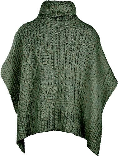 Irischer Aran Cowl Cape Patchwork Umhang Strickponcho Wollponcho 100% Merinowolle für Damen Grün, Gr