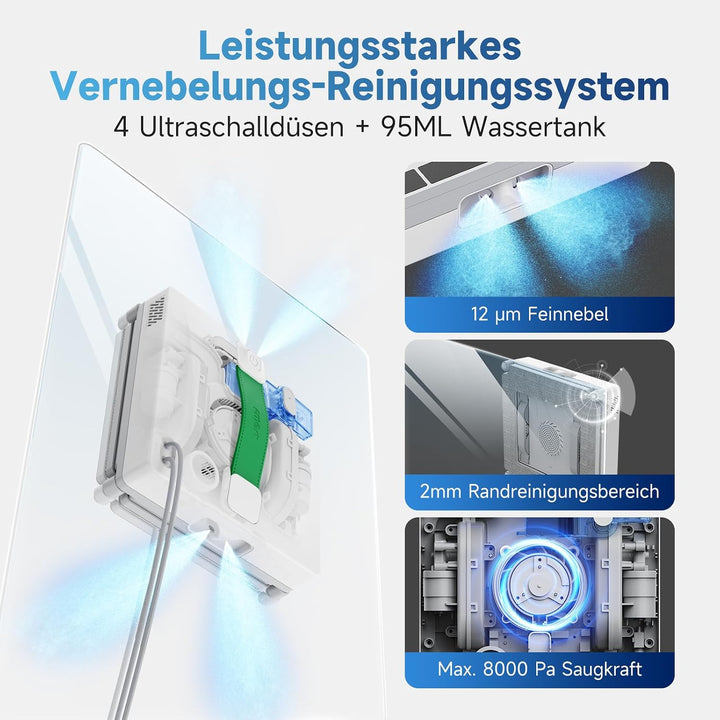 Fmart W8 fensterputzroboter mit sprühfunktion, 8000 Pa Saugkraft und Kantenerkennungstechnologie, Au