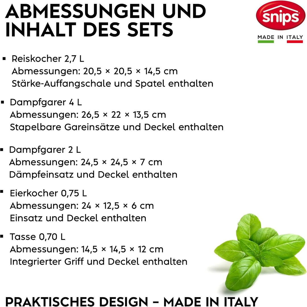 Snips | Set 5-teilig Mikrowellenbehälter | Dampfgarer 4 L, Dampfgarer 2 L, Reiskocher, Eier- und Ome