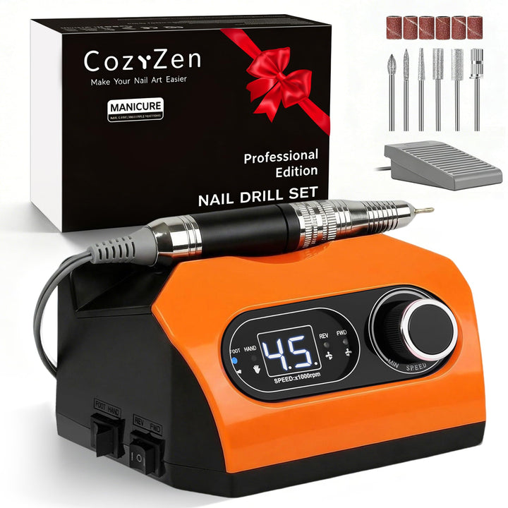 CozyZen Elektrische Nagelfeile, Profi Nagelfräse 35.000 U/min mit LED | Mit Fusspedal, 6 Aufsätzen u