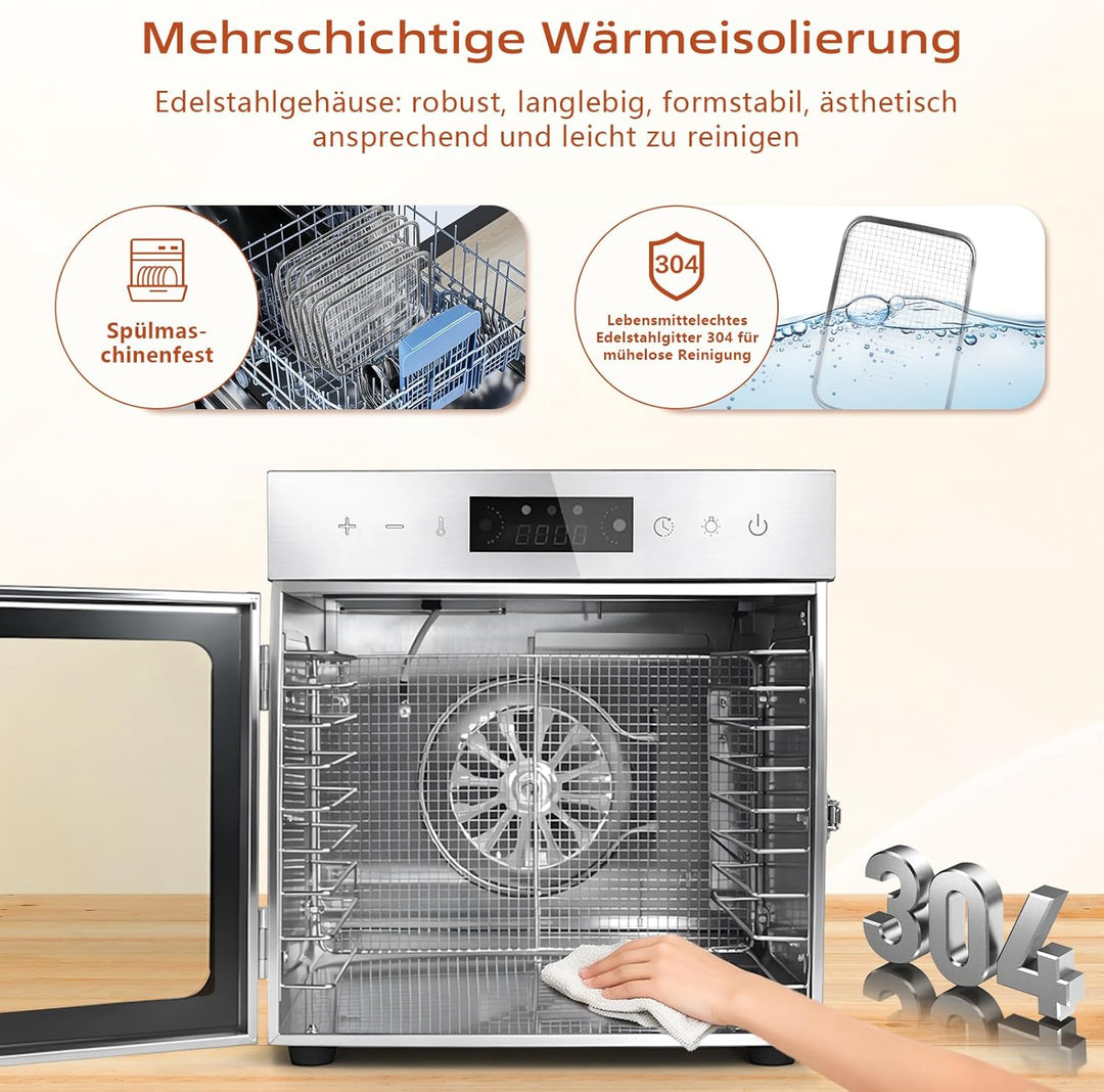 Dörrautomat Edelstahl mit 8 Stainless Steel Grids und 8 er Dörrfolie, BPA-frei, Einstellbare Tempera