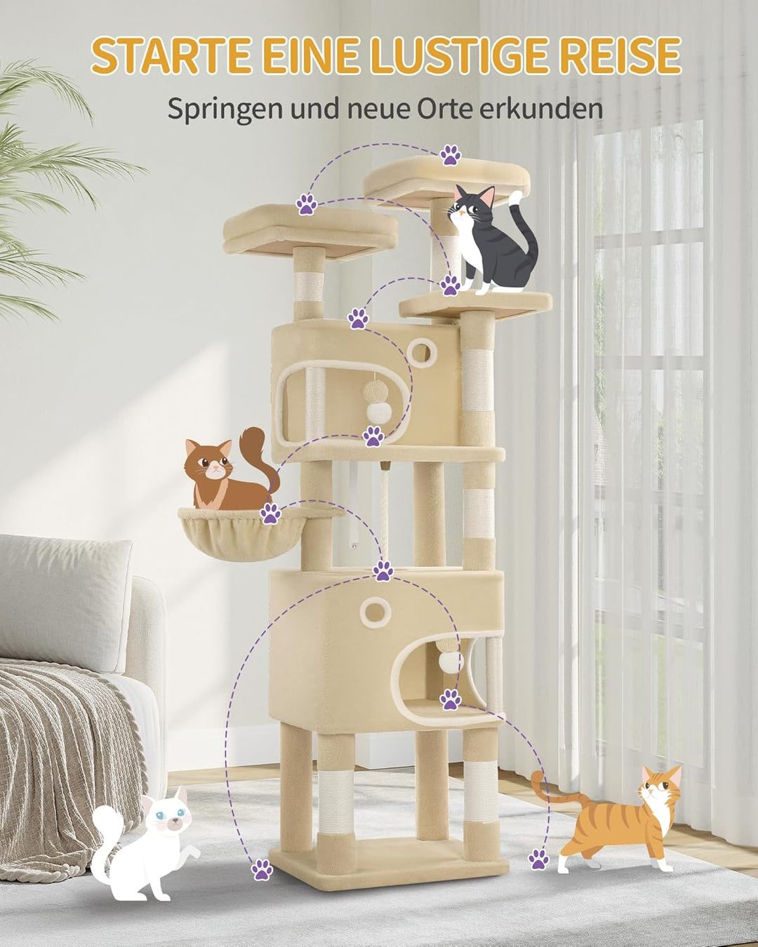 Hzuaneri Kratzbaum, 180 cm Katzenbaum mit 8 Kratzsäulen, 3 Plattformen, 2 Höhlen, Korb, Plüschbälle,