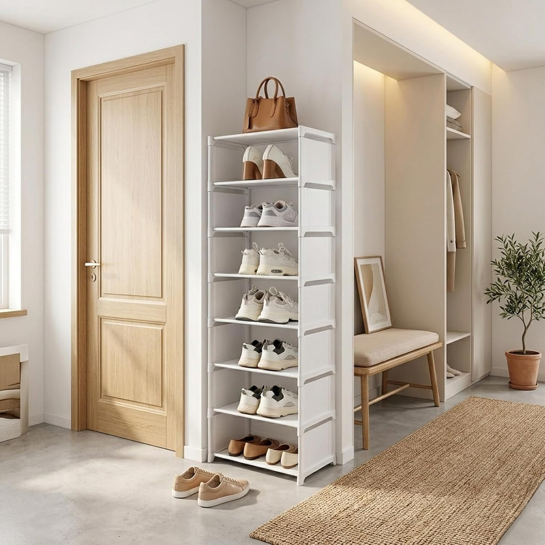 8 Ebenen Schuhregal Schmal Weiss, Platzsparendes DIY Regalsystem für Kleiderschrank & Büro, Hoch Sch