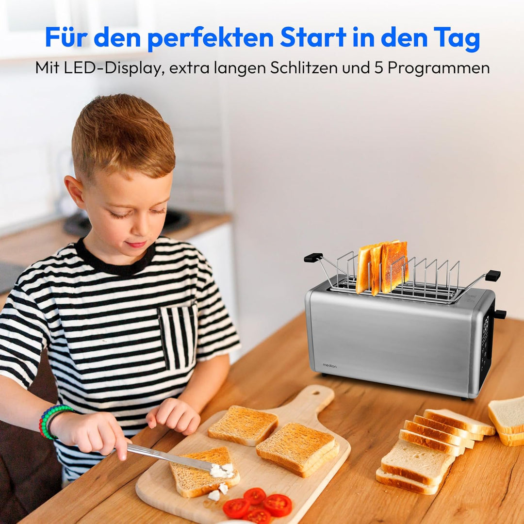 MEDION Toaster 4 Scheiben mit Brötchenaufsatz (7 Bräunungsstufen, 5 Automatikprogramme, 1.450 Watt,