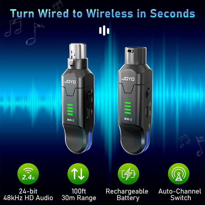 JOYO Kabelloses Mikrofonsystem, 2,4 GHz, 4 Kanäle, XLR-Sender/Empfänger für dynamisches Mikrofon/Pha
