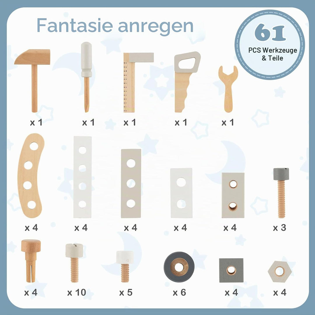 DREAMADE Werkbank Kinder, Werkzeugbank für Kinder aus Holz mit 61 Zubehör, Werkzeug Spielzeug Set mi