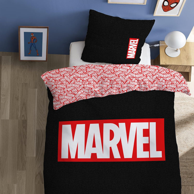 CTI Marvel Home Identity Bettwäsche, 3 Stück, Bedruckt, 100 % Baumwolle, 140 x 200 cm, Schwarz / Rot
