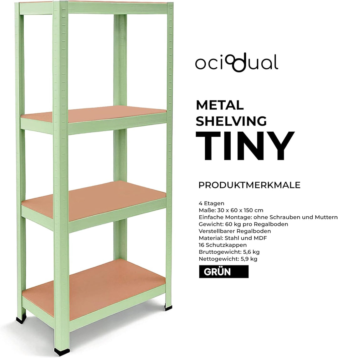OcioDual Schwerlastregal Grün Tiny, Haushaltsregal, Kellerregal, Standregal, Metallregal, 150x60x30c
