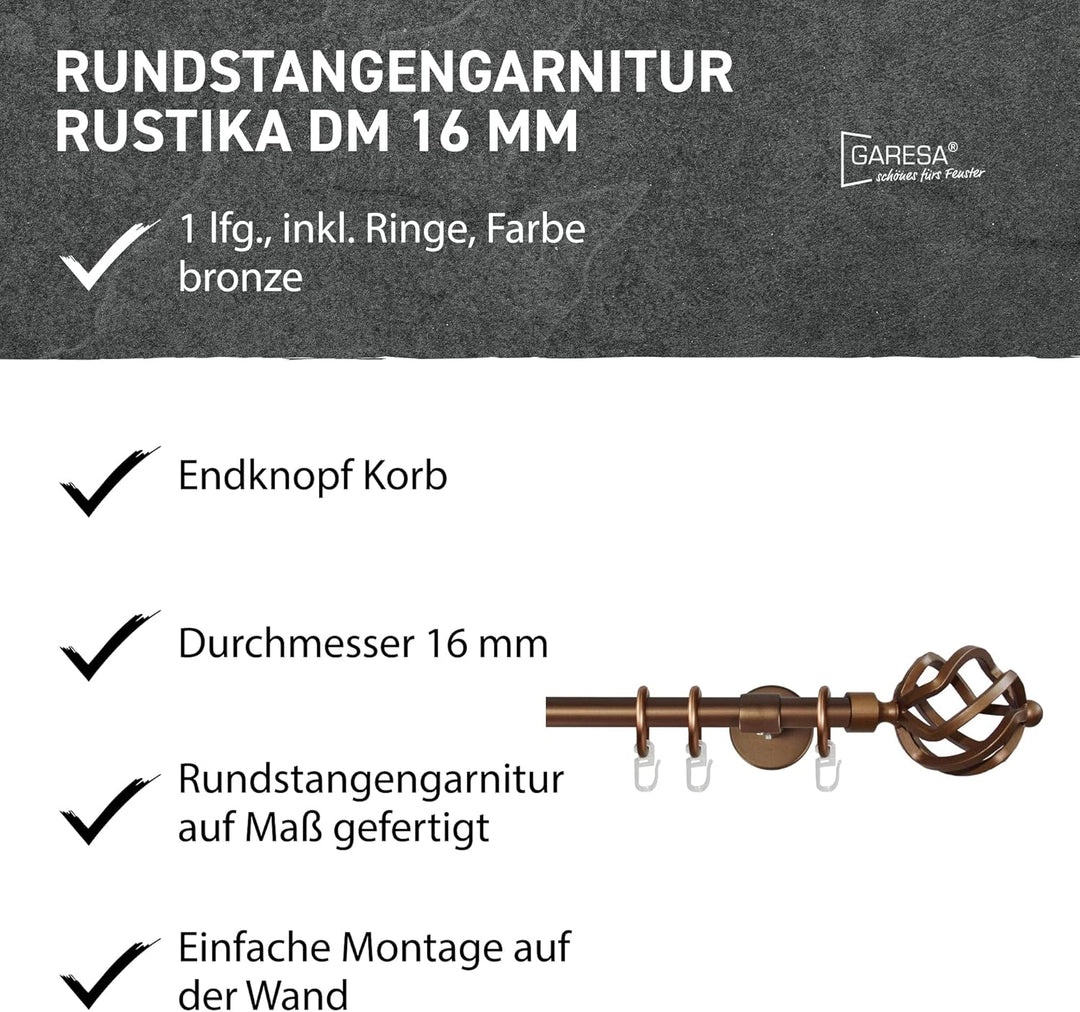 Garesa Gardinenstange Rustika Ø 16mm, 1-läufig, Bronze I Rustikale Vorhangstange aus Metall inkl. Ri