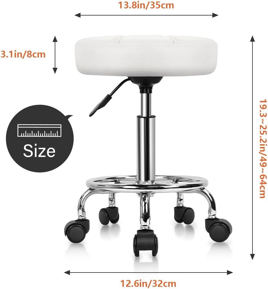 KKTONER Rollhocker Arbeitshocker Barhocker höhenverstellbar 49-64cm drehbar aus Kunstleder Weiss, We