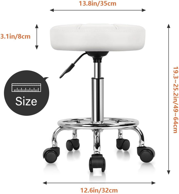 KKTONER Rollhocker Arbeitshocker Barhocker höhenverstellbar 49-64cm drehbar aus Kunstleder Weiss, We