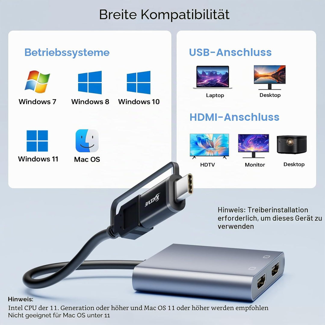 KCEVE USB zu HDMI Adapter für Zwei Monitore, USB C zu 2 HDMI -Multiport -Splitter erweiterter Displa