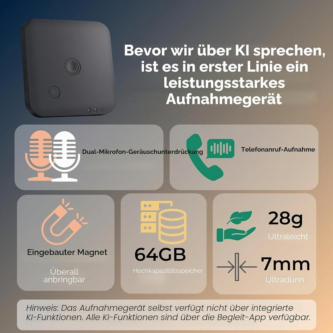 Diktiergerät mit APP für KI-Voice-to-Text-Transkription, GPT-4o-Zusammenfassung, Mind Mapping, 64 GB