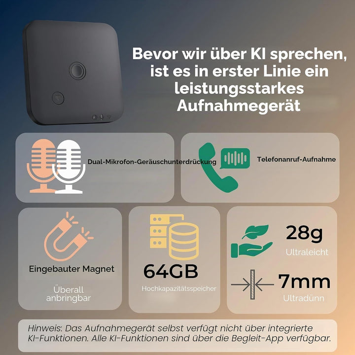 Diktiergerät mit APP für KI-Voice-to-Text-Transkription, GPT-4o-Zusammenfassung, Mind Mapping, 64 GB