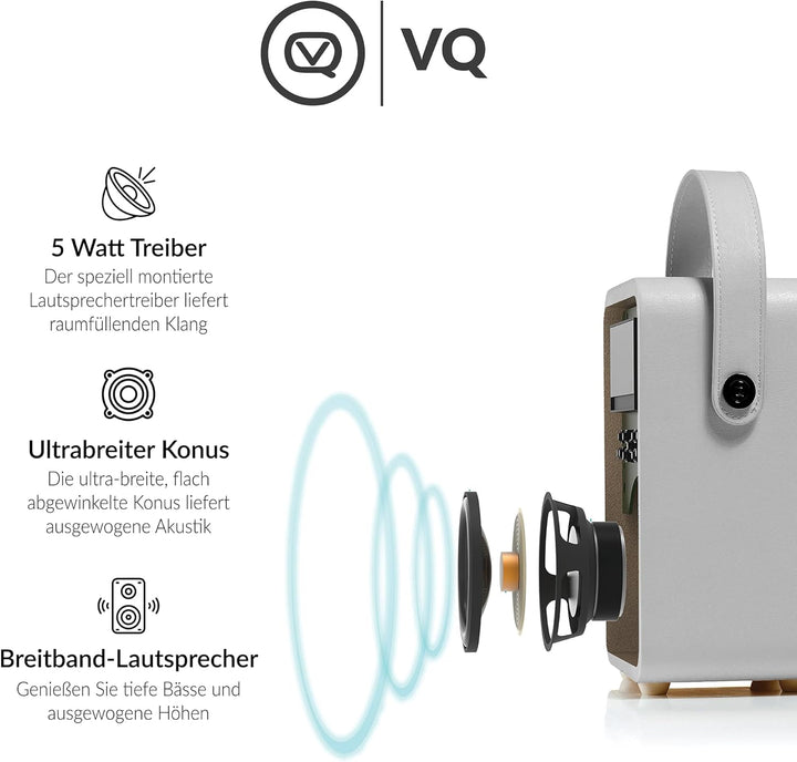 VQ Retro Mini DAB/DAB+ Digital- und FM-Radio mit Bluetooth und Weckfunktion - Hellgrau