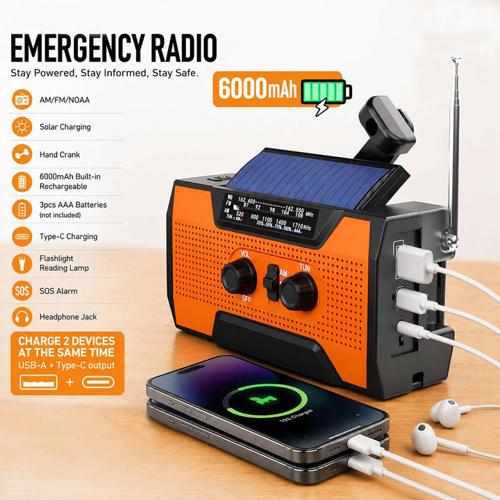 6000mAh-Handkurbel-Notfallradio, AM/FM-Wetterradio, solarbetriebenes | batteriebetriebenes Radiomit
