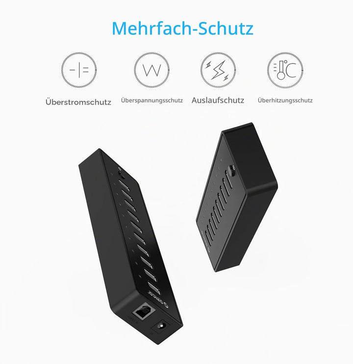 ORICO USB 2.0 Hub 10 Ports mit Netzschaltern und Netzteil 30W (12V2.5A), 480 Mbps Speed Datenhub für