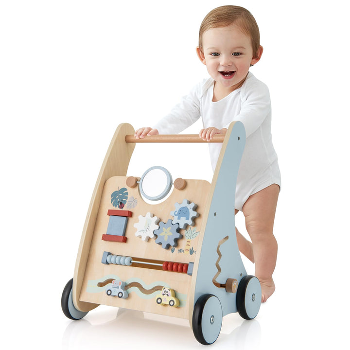 GOPLUS 2 in 1 Lauflernwagen, Lauflernhilfe Holz mit interaktiven Elementen, Hintere Ablage, Montesso