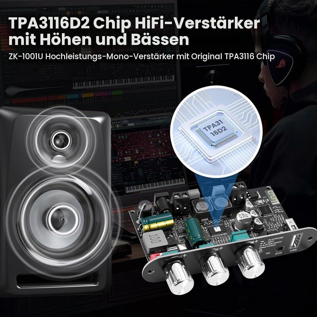 ZK-1001U Bluetooth 5.3 Mono-Verstärker HiFi-Stereo mit TWS &amp; Boost-Schaltung, 100 W Ausgangsleistung