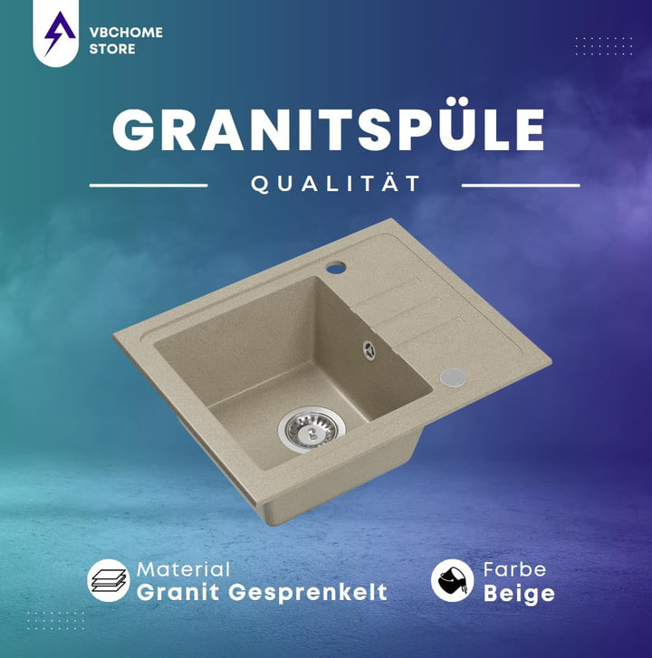 VBChome Spülbecken Granit Beige 55 x 44 cm Einzelbecken Einbauspüle Gesprenkelt Reversibel Granitspü