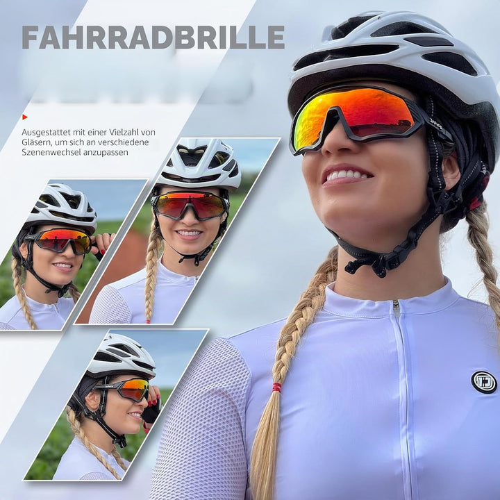 KAPVOE Polarisiert Fahrradbrille mit 1 Linse oder 5 austauschbare Linse TR90 Rahmen für Herren Damen