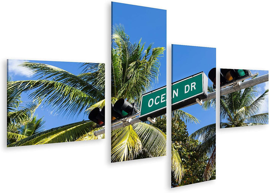 islandburner Bild auf Leinwand Ocean Drive Miami Bilder Wandbilder Poster Leinwand 150x80cm - 4 Teil