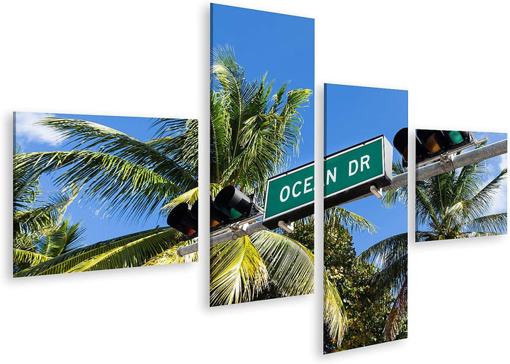 islandburner Bild auf Leinwand Ocean Drive Miami Bilder Wandbilder Poster Leinwand 150x80cm - 4 Teil