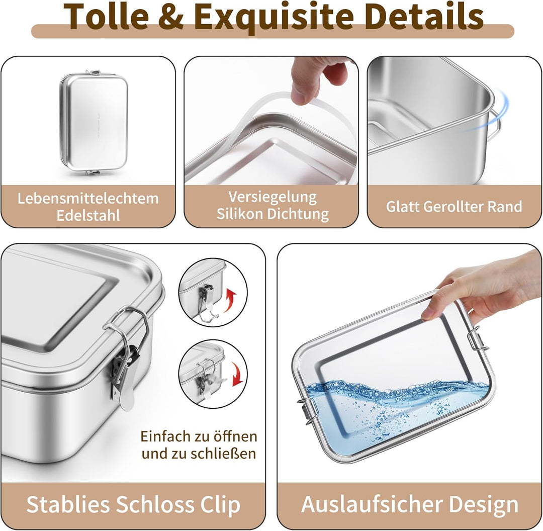Onader Brotdose mit Fächern, 1400ML Edelstahl Bento Box mit Dressing Behälter und 1pc Abnehmbar Tren