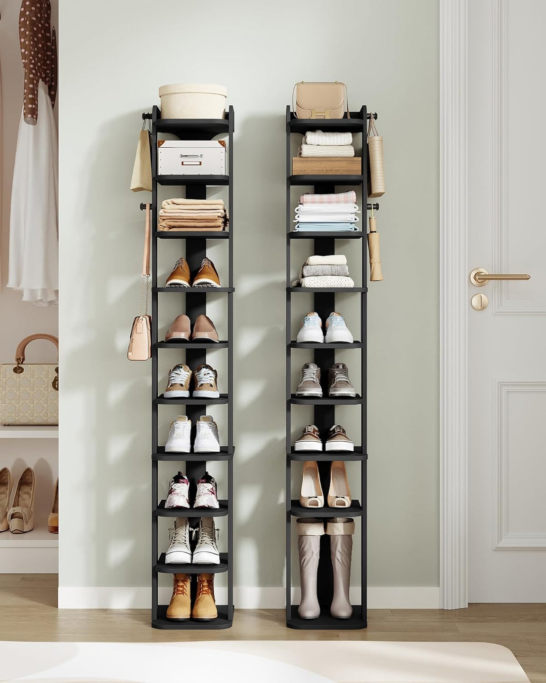 Hzuaneri Schuhregal, Schuhablage mit 10 Ebenen, Holz-Schuh-Organizer mit Haken, Verstellbar, Platzsp