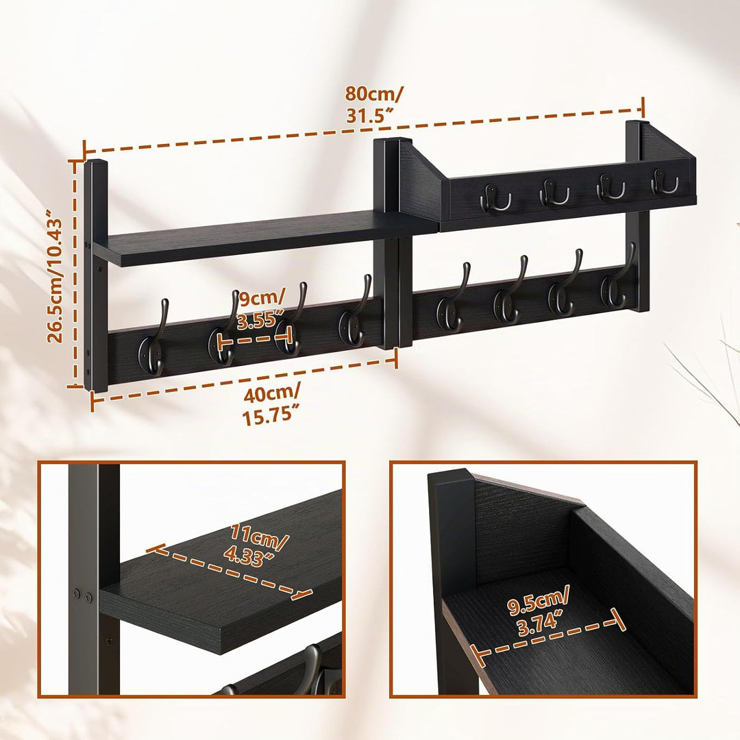 YMYNY 4-in-1 Wandgarderobe mit Ablage, Garderobenleiste Schlüsselbrett Holz, Gaderobe Wand für Flur,