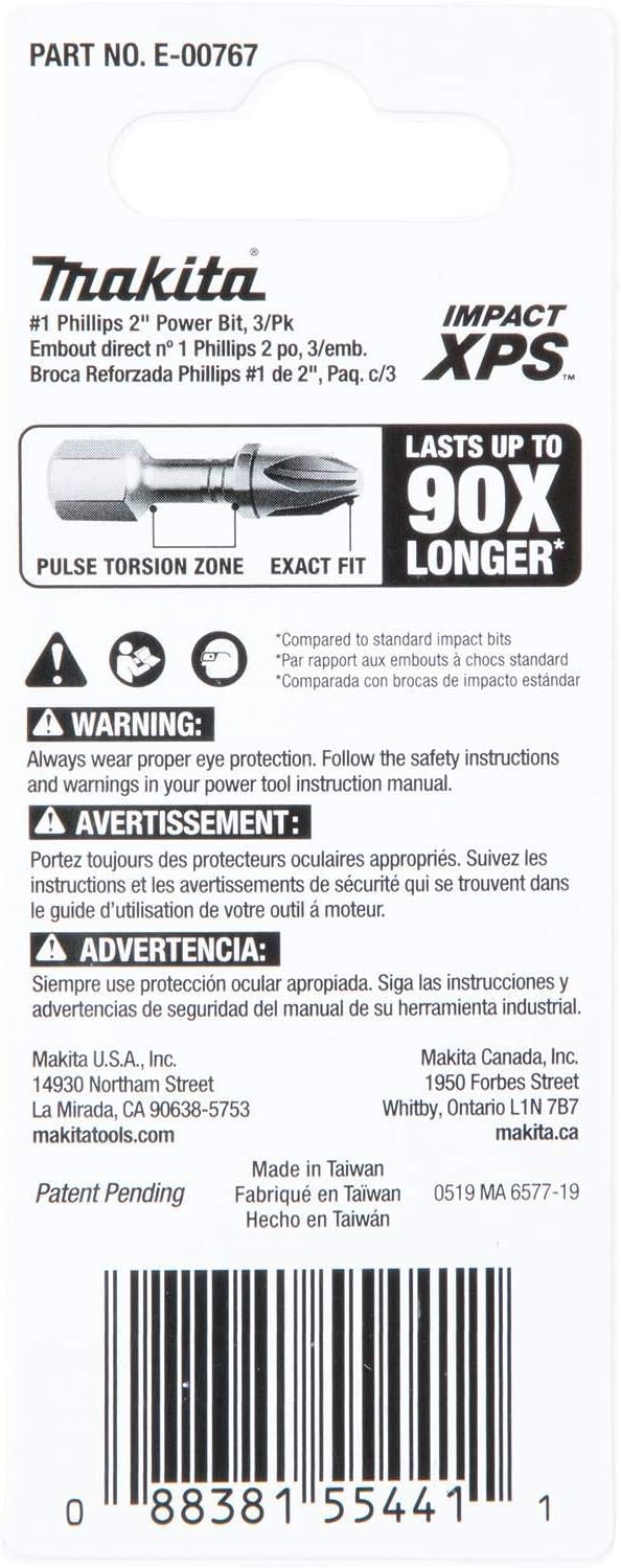 Makita E-00773 Impact XPS #2 Phillips 2" Power Bit, 3/pk 3/pk PH1, 3/pk PH1