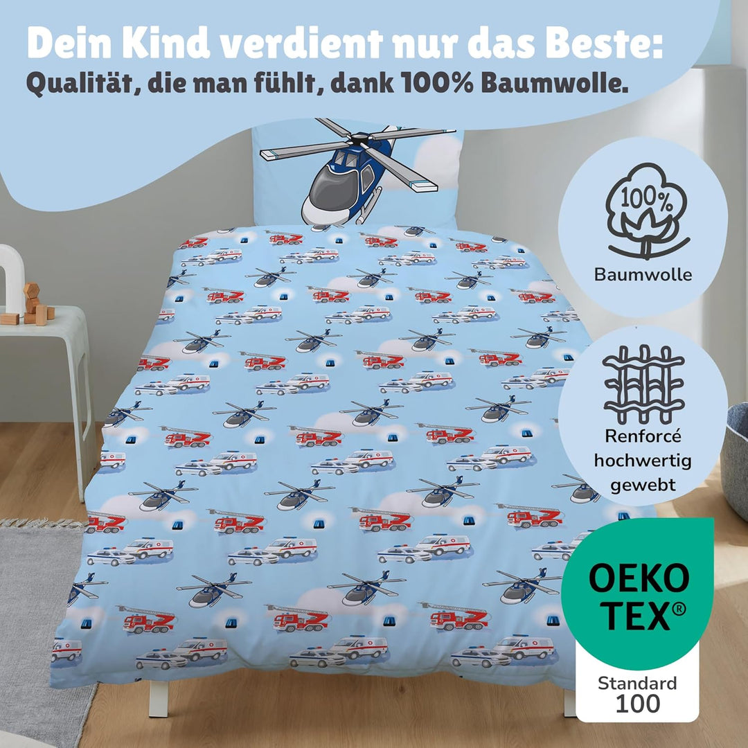 TexIdea Polizei Feuerwehr Bettwäsche Set · Wende-Motiv · Bett-bezug 135x200 cm · Kopfkissen-bezug 80