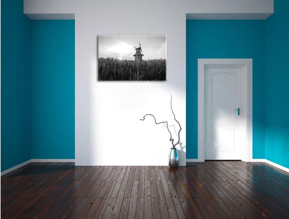 Pixxprint schöne Windmühle auf Dem Feld Kunst Kohle Effekt, Format: 100x70 auf Leinwand, XXL riesige
