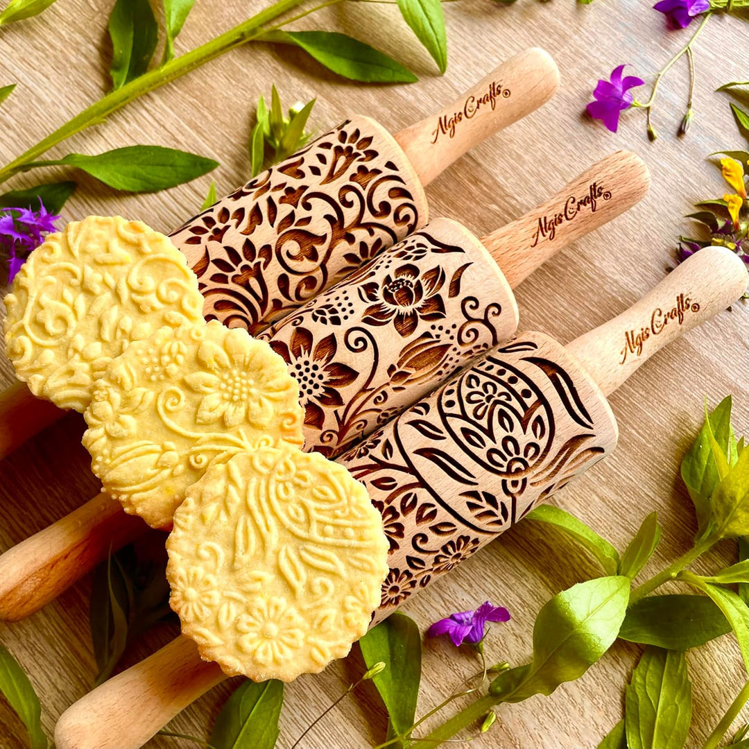 FLORET 3-er SET Kinder Nudelhölzer. Teigrolle mit Lotus, Kaschmir, Paisley blühende, Rebe und Lilie