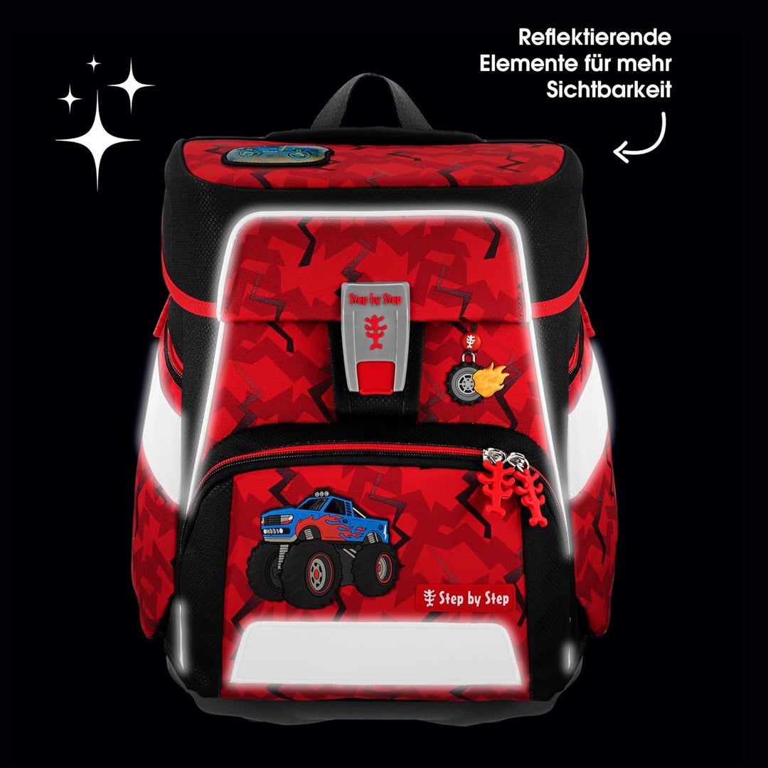 Step by Step Schulranzen-Set Space Monster Truck Rocky, 5-teilig, rot-blau, Auto-Design, ergonomisch