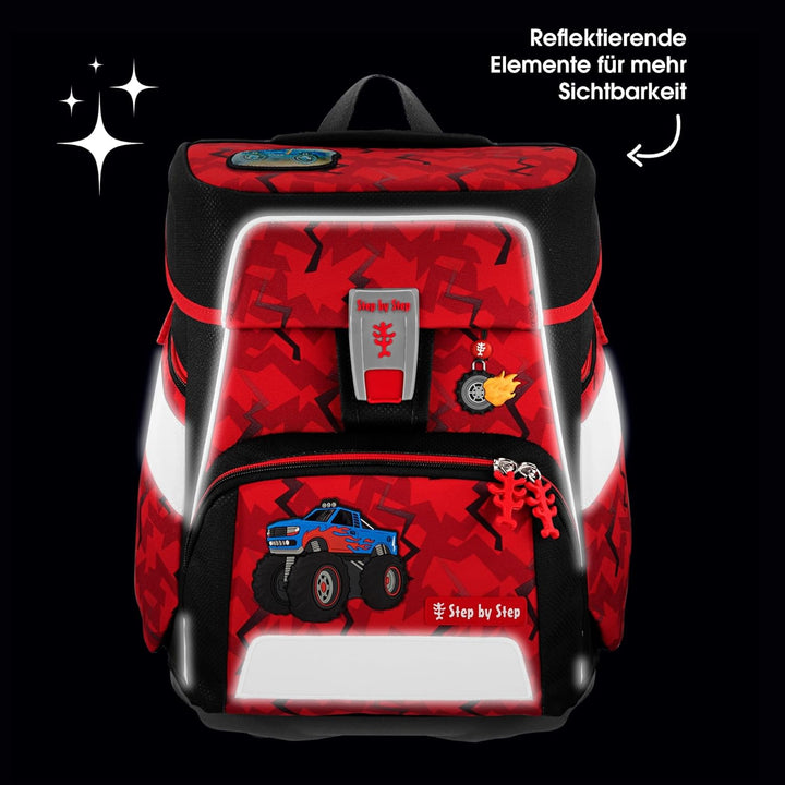 Step by Step Schulranzen-Set Space Monster Truck Rocky, 5-teilig, rot-blau, Auto-Design, ergonomisch
