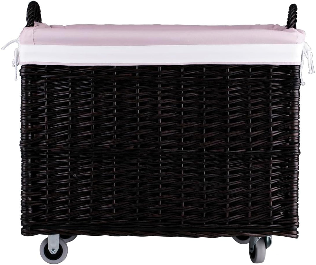 e-wicker24 Aufbewahrungstruhe, Wäschekorb, rechteckig, Weidenkorb mit Rollen und Stofffutter, Aufbew