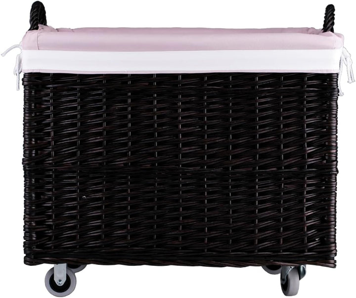 e-wicker24 Aufbewahrungstruhe, Wäschekorb, rechteckig, Weidenkorb mit Rollen und Stofffutter, Aufbew