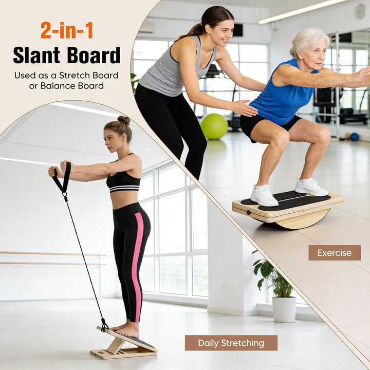 2-in-1 Wadendehner Schrägbrett aus Holz, Slant Board mit 5 Winkeln, Verstellbar Wadenstrecker mit Tr
