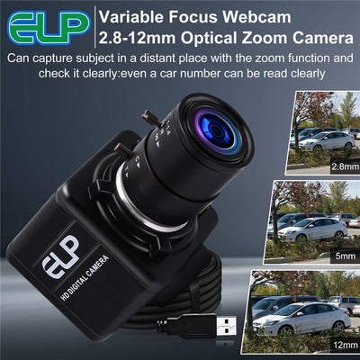 ELP 1080P Weitwinkel Web Kamera mit 2.8-12mm Zoom Objektiv,IMX323 Sensor Webcam Plug & Play für PC,D