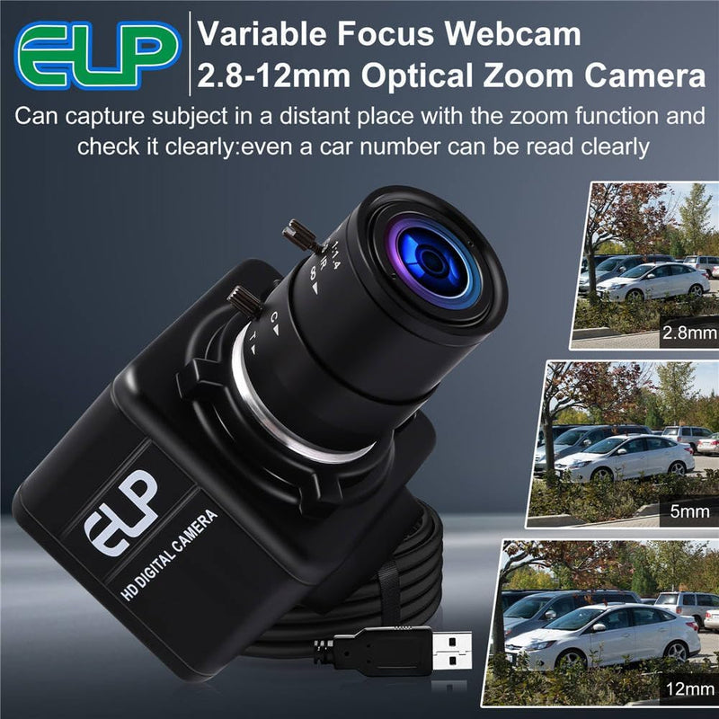 ELP 1080P Weitwinkel Web Kamera mit 2.8-12mm Zoom Objektiv,IMX323 Sensor Webcam Plug & Play für PC,D