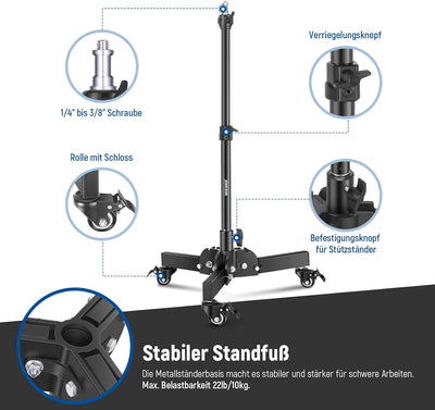 NEEWER 2er Pack Schwerlast Lichtstativ mit Rollen, 2,4Fuss max. Höhe, Faltbarer Stativständer für Au