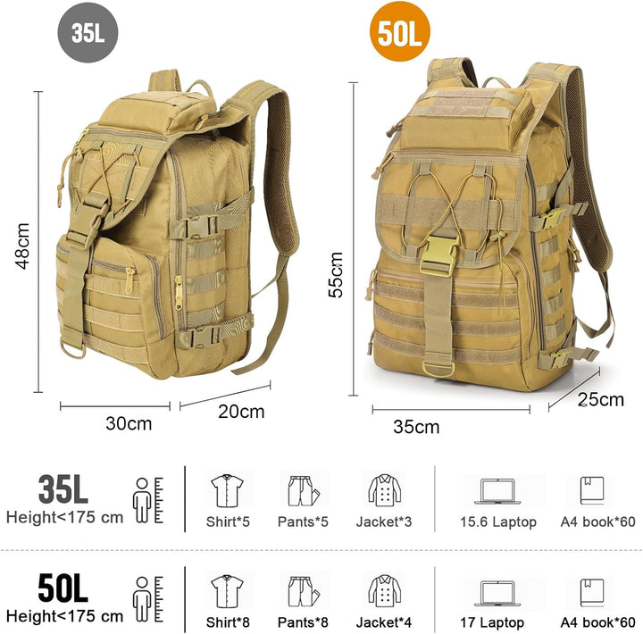 SHANNA Militärrucksack 35L/50L Armee Rucksack Molle, Hohe Kapazität Trekkingrucksack Wanderrucksäcke