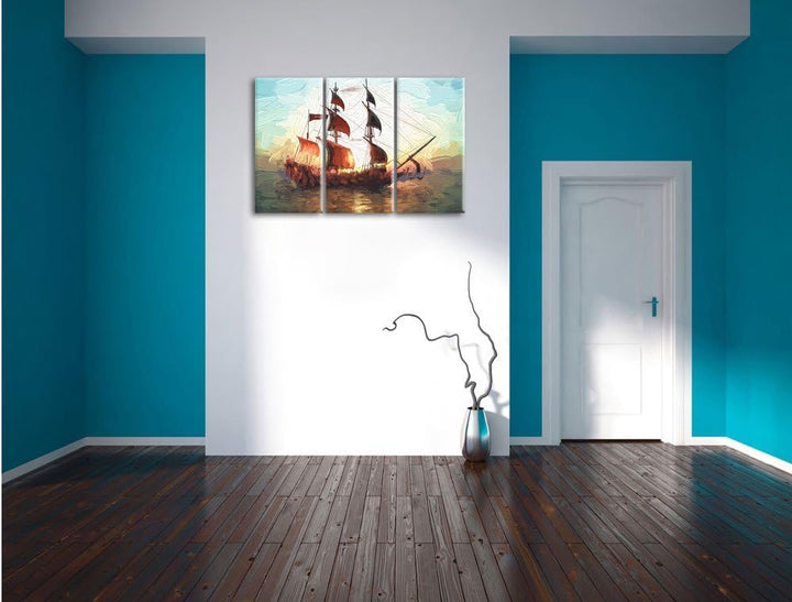 Pixxprint Segelschiff 3Teiler 120x80 cm Leinwandbild Wandbild Kunstdruck