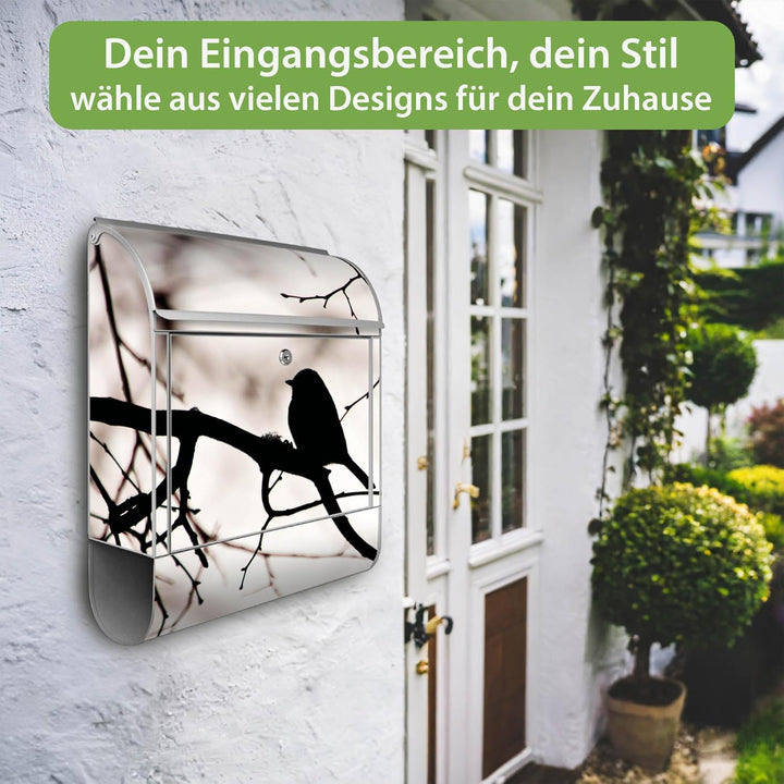 banjado® Design Briefkasten mit Motiv Früher Vogel 39x47x14cm &amp; 2 Schlüssel - Briefkasten Stahl Silb