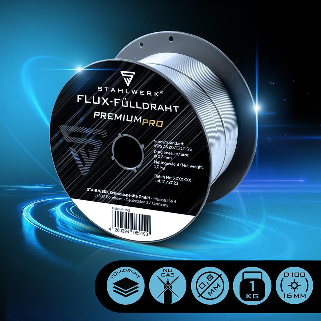 STAHLWERK FLUX Fülldraht Ø 0,8 mm E71T-GS – 2 Stück je 1 kg auf D100-Spulen | für 16 mm Dorn, univer