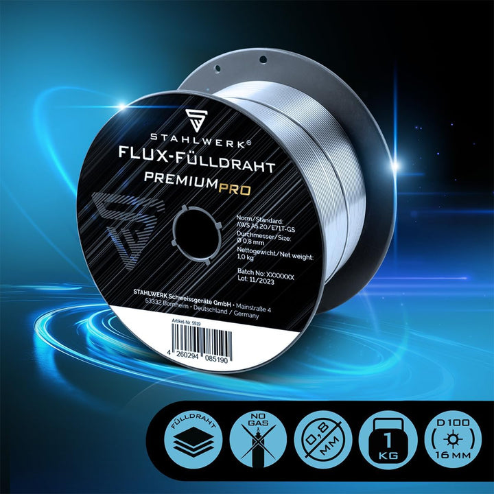 STAHLWERK FLUX Fülldraht Ø 0,8 mm E71T-GS – 2 Stück je 1 kg auf D100-Spulen | für 16 mm Dorn, univer
